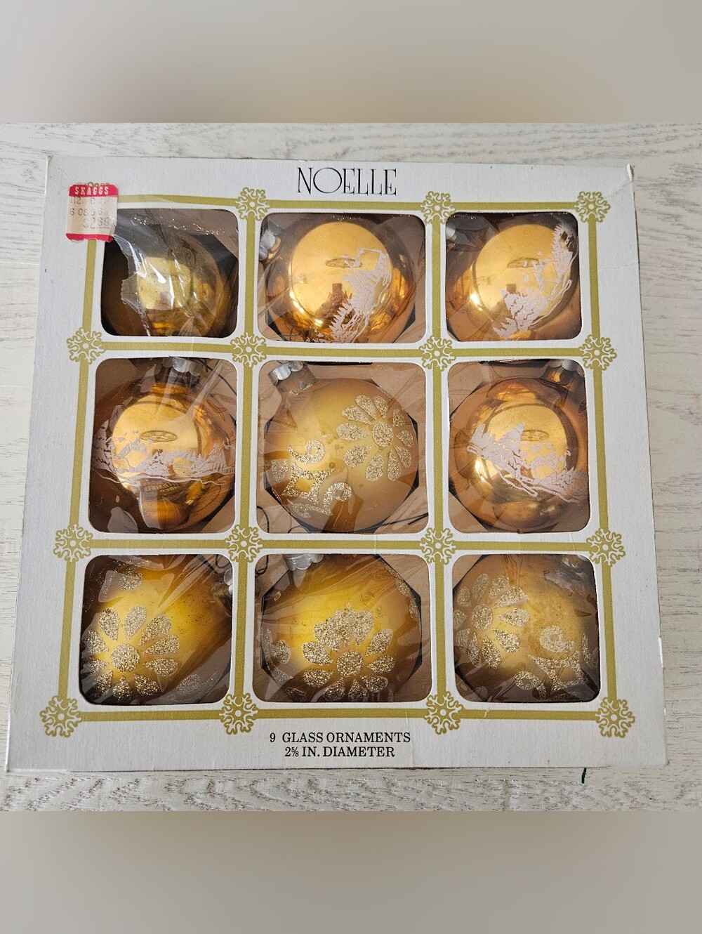 Vintage Noelle Glass Ornaments Box of 9 Gold Glass Ball Various Designs USA